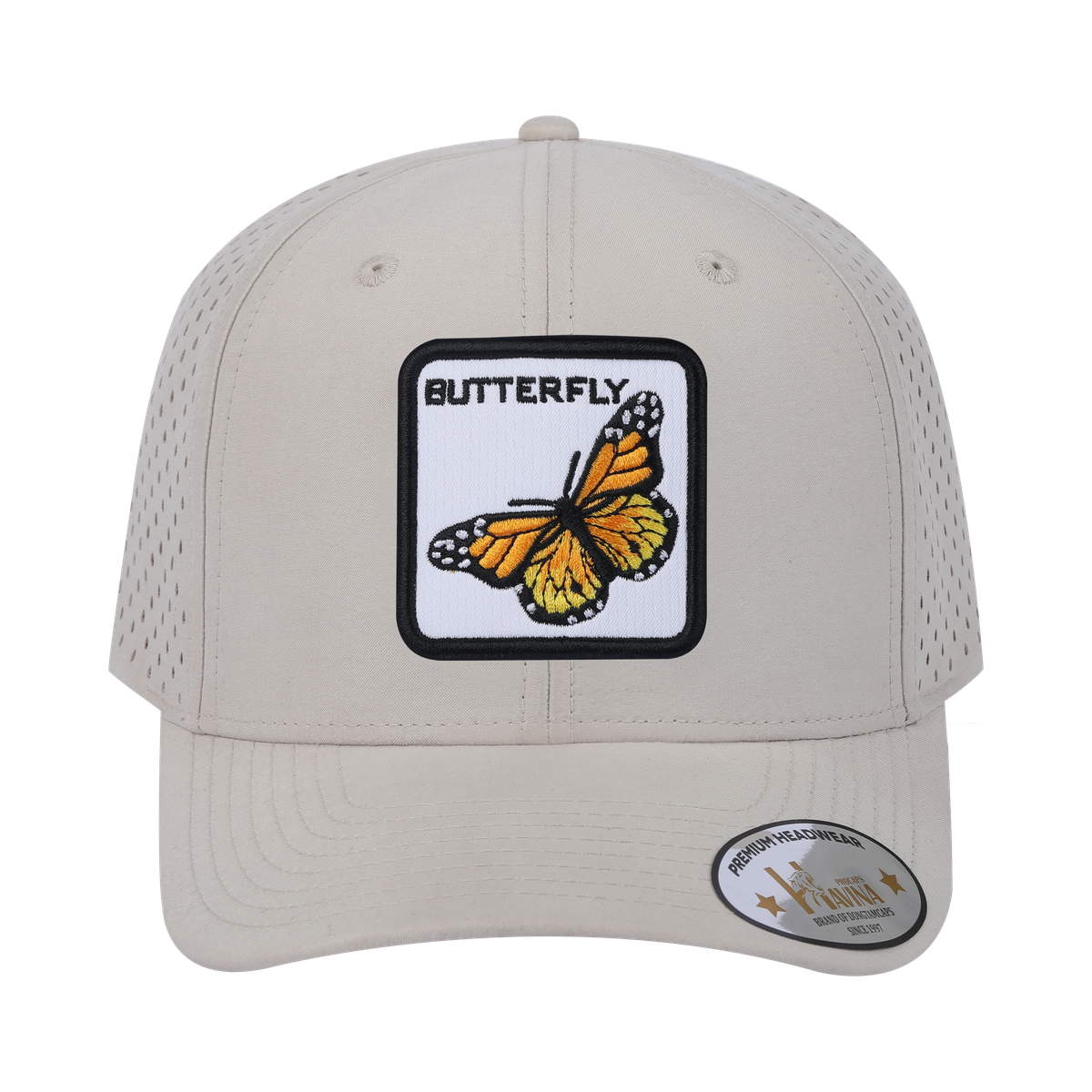 Butterfly 6-Panel Microfiber Laser Hole Trucker Hat with Beige front and Beige back