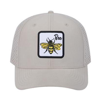Bee 6-Panel Microfiber Laser Hole Trucker Hat with Beige front and Beige back