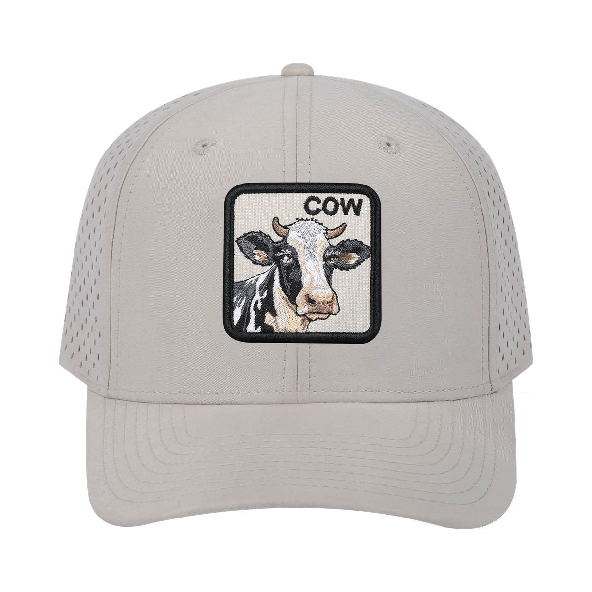 Cow 6-Panel Microfiber Laser Hole Trucker Hat with Beige front and Beige back