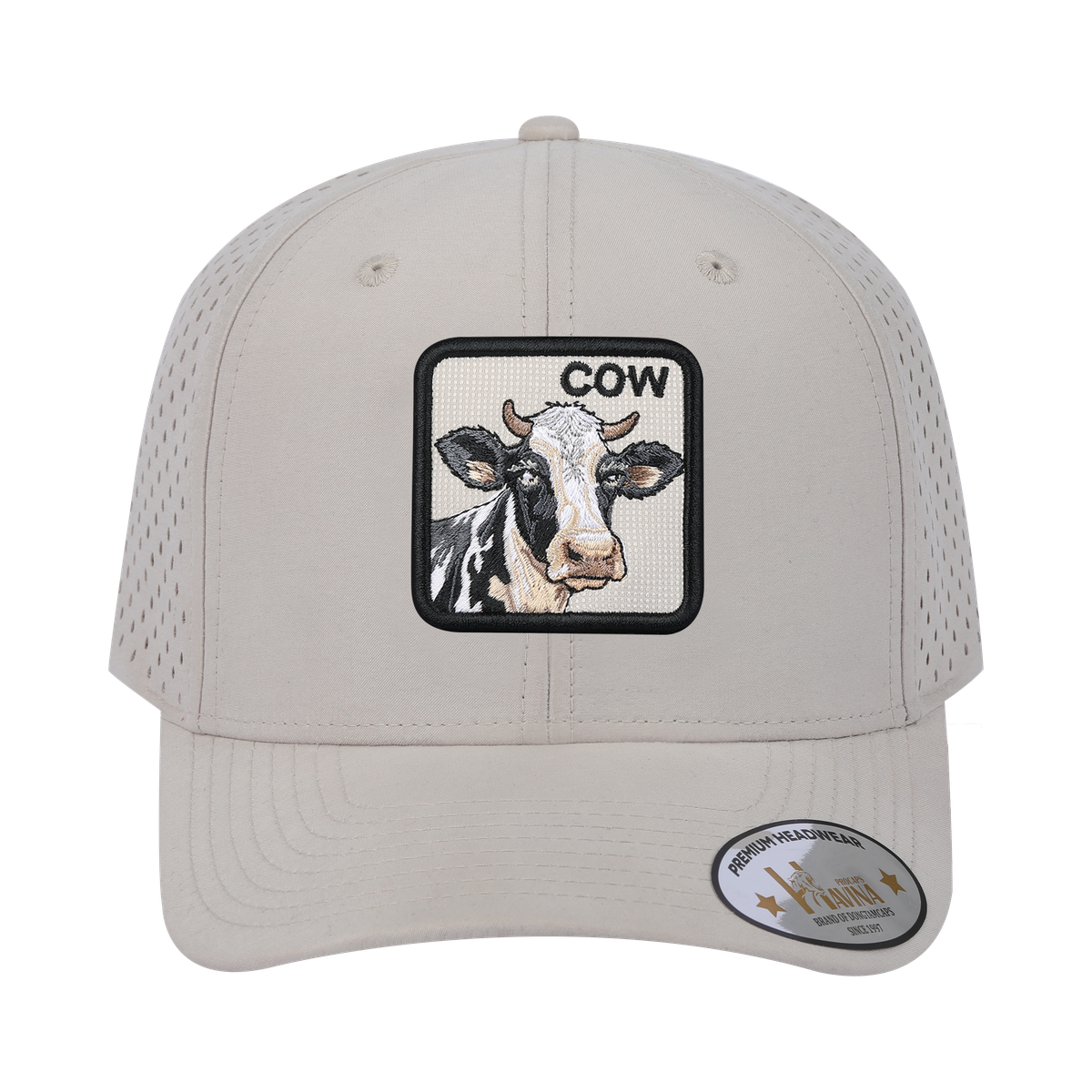 Cow 6-Panel Microfiber Laser Hole Trucker Hat with Beige front and Beige back