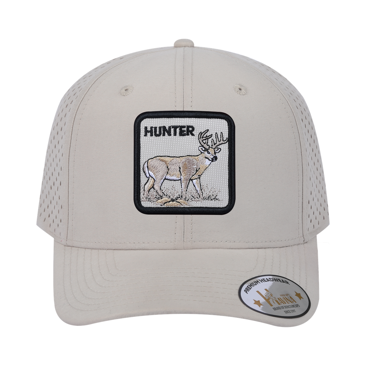 Hunter 6-Panel Microfiber Laser Hole Trucker Hat with Beige front and Beige back