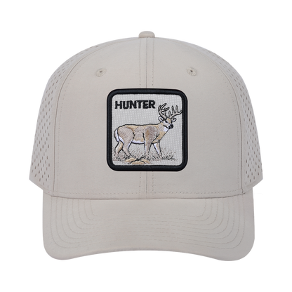 Hunter 6-Panel Microfiber Laser Hole Trucker Hat with Beige front and Beige back