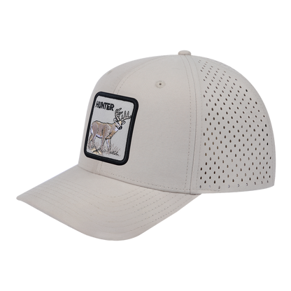 Hunter 6-Panel Microfiber Laser Hole Trucker Hat with Beige front and Beige back