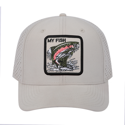 My Fish 6-Panel Microfiber Laser Hole Trucker Hat with Beige front and Beige back