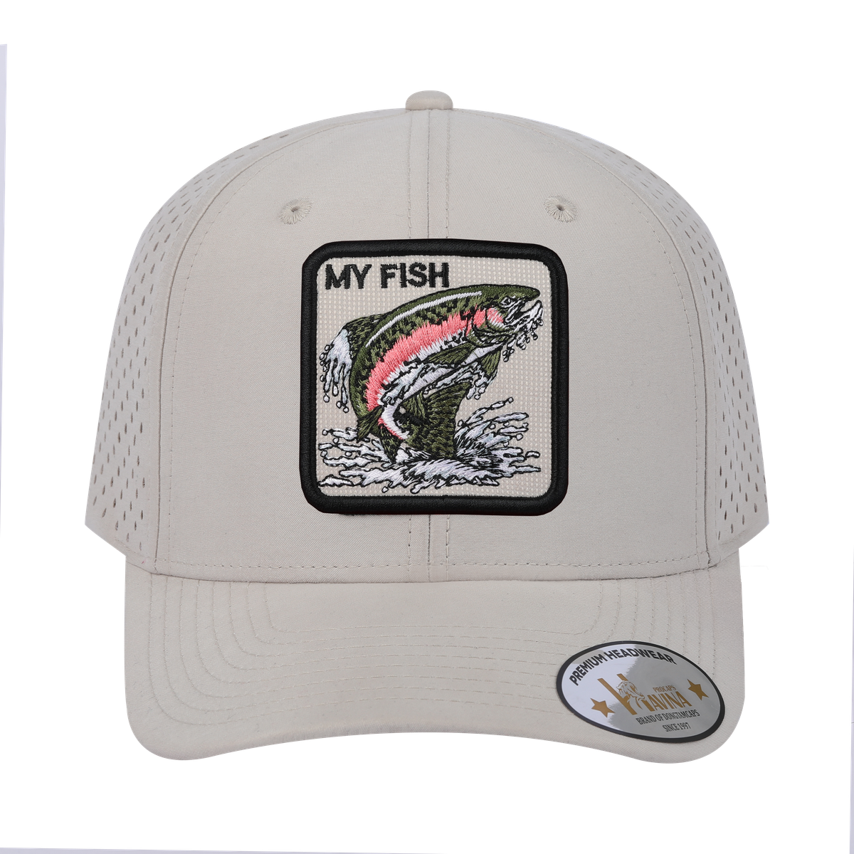 My Fish 6-Panel Microfiber Laser Hole Trucker Hat with Beige front and Beige back