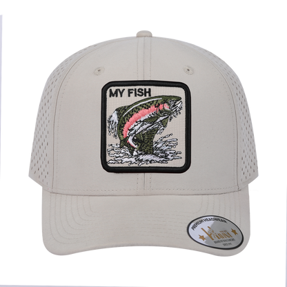 My Fish 6-Panel Microfiber Laser Hole Trucker Hat with Beige front and Beige back