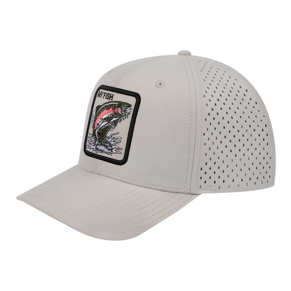 My Fish 6-Panel Microfiber Laser Hole Trucker Hat with Beige front and Beige back