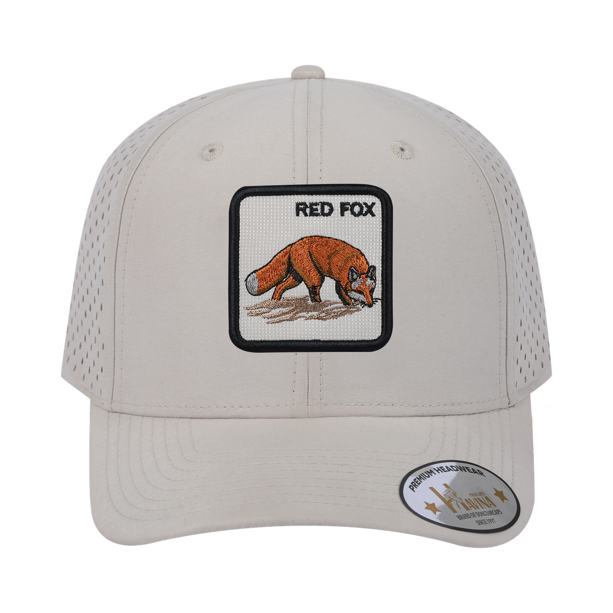Red Fox 6-Panel Microfiber Laser Hole Trucker Hat with Beige front and Beige back