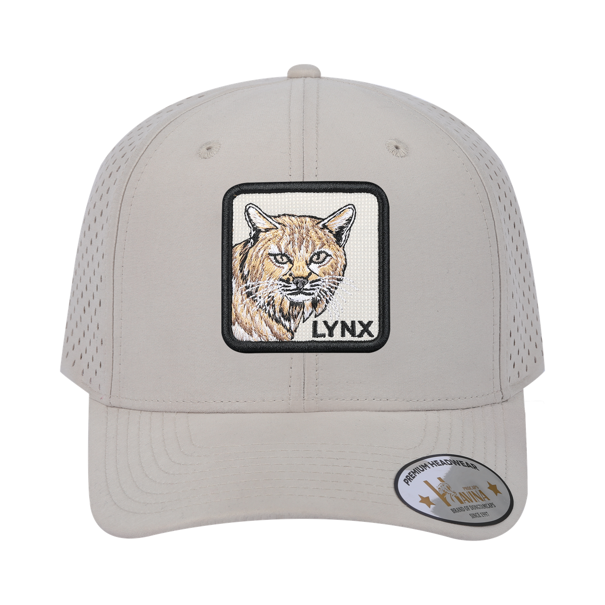 Lynx 6-Panel Microfiber Laser Hole Trucker Hat with Beige front and Beige back