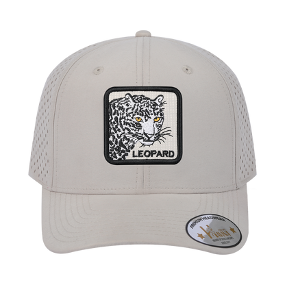 Leopard 6-Panel Microfiber Laser Hole Trucker Hat with Beige front and Beige back