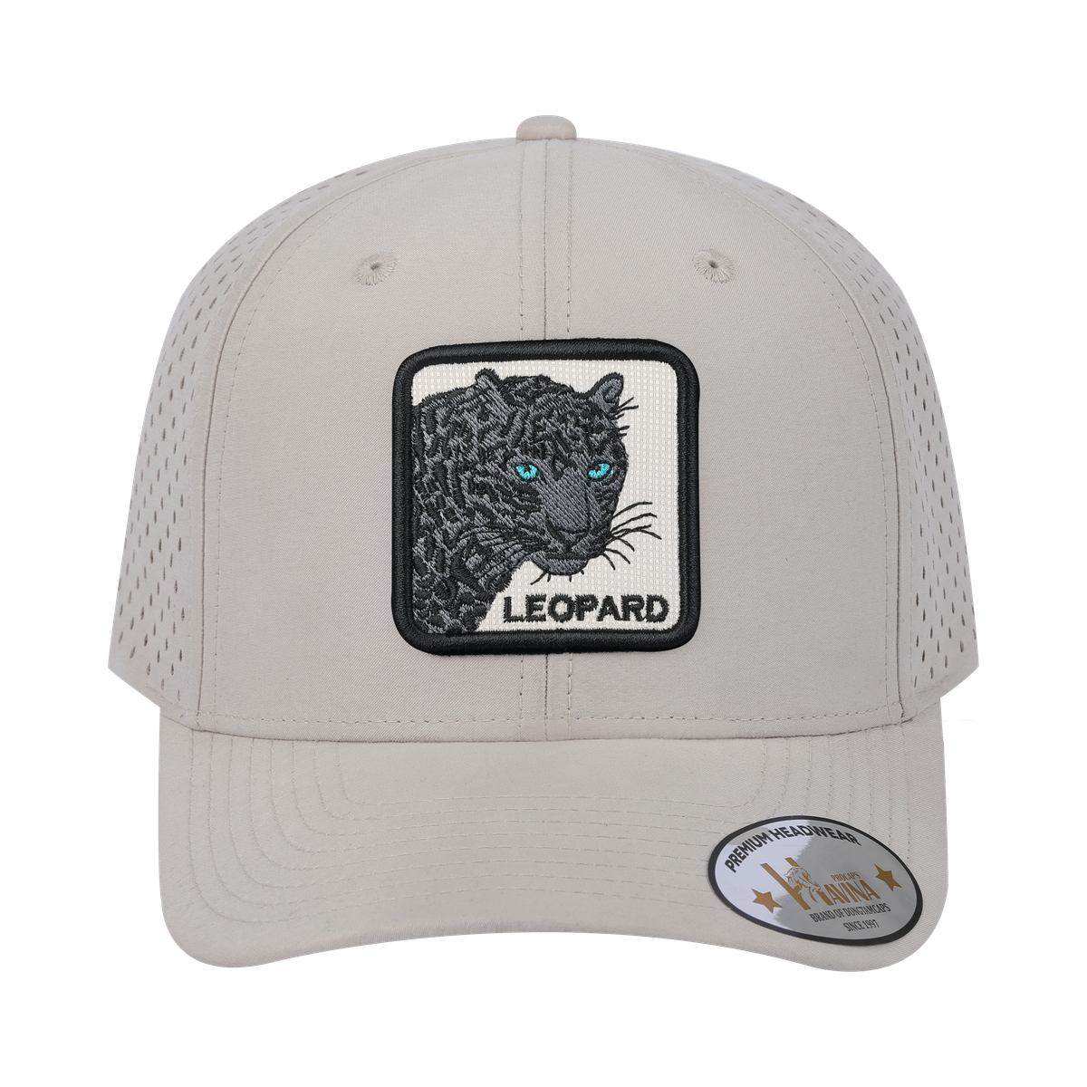 Leopard V2 6-Panel Microfiber Laser Hole Trucker Hat with Beige front and Beige back
