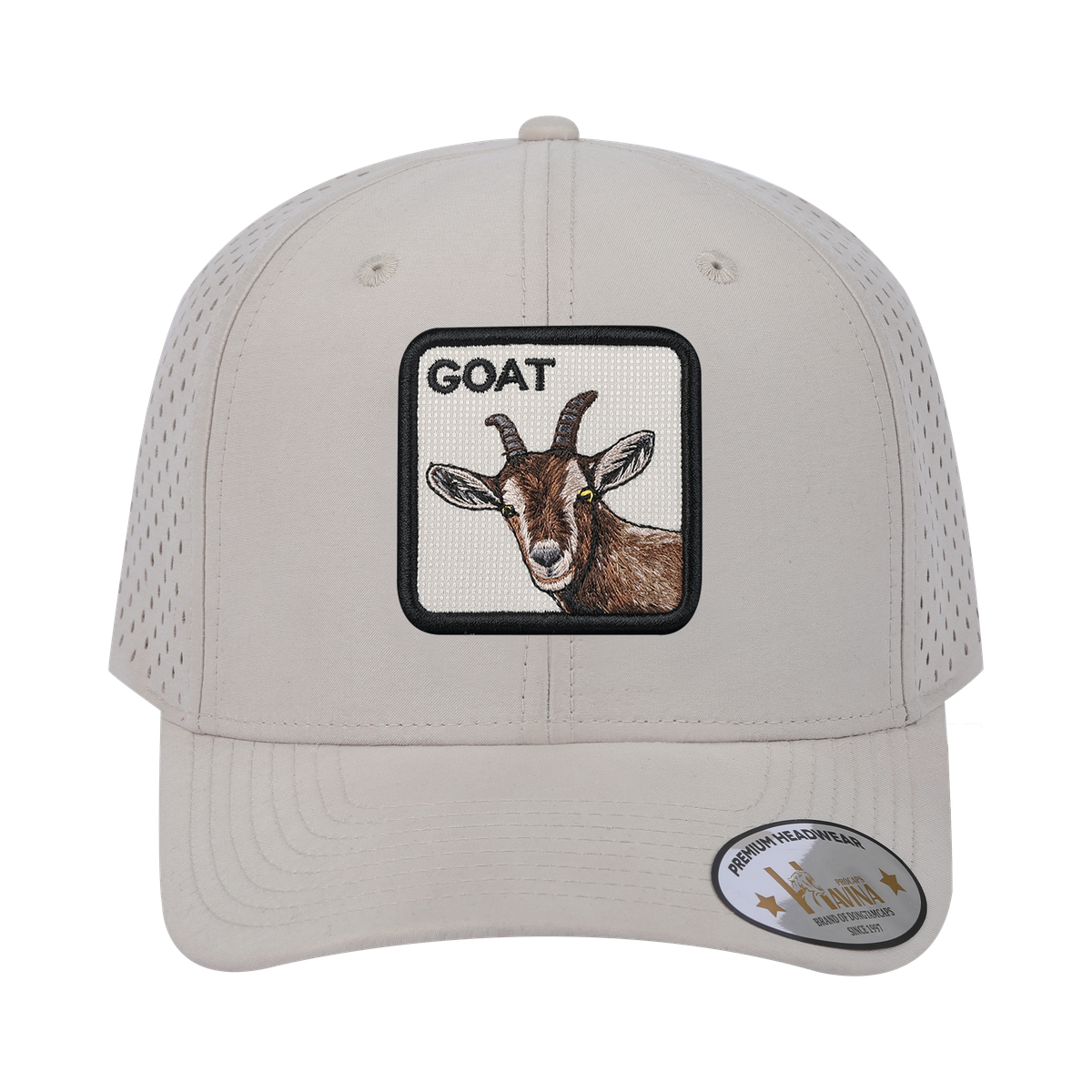 Goat 6-Panel Microfiber Laser Hole Trucker Hat with Beige front and Beige back