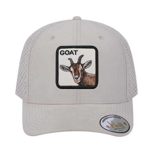 Embroidered The Goat - 6 Panel Microfiber Laser hole Trucker Hat - Beige/Beige