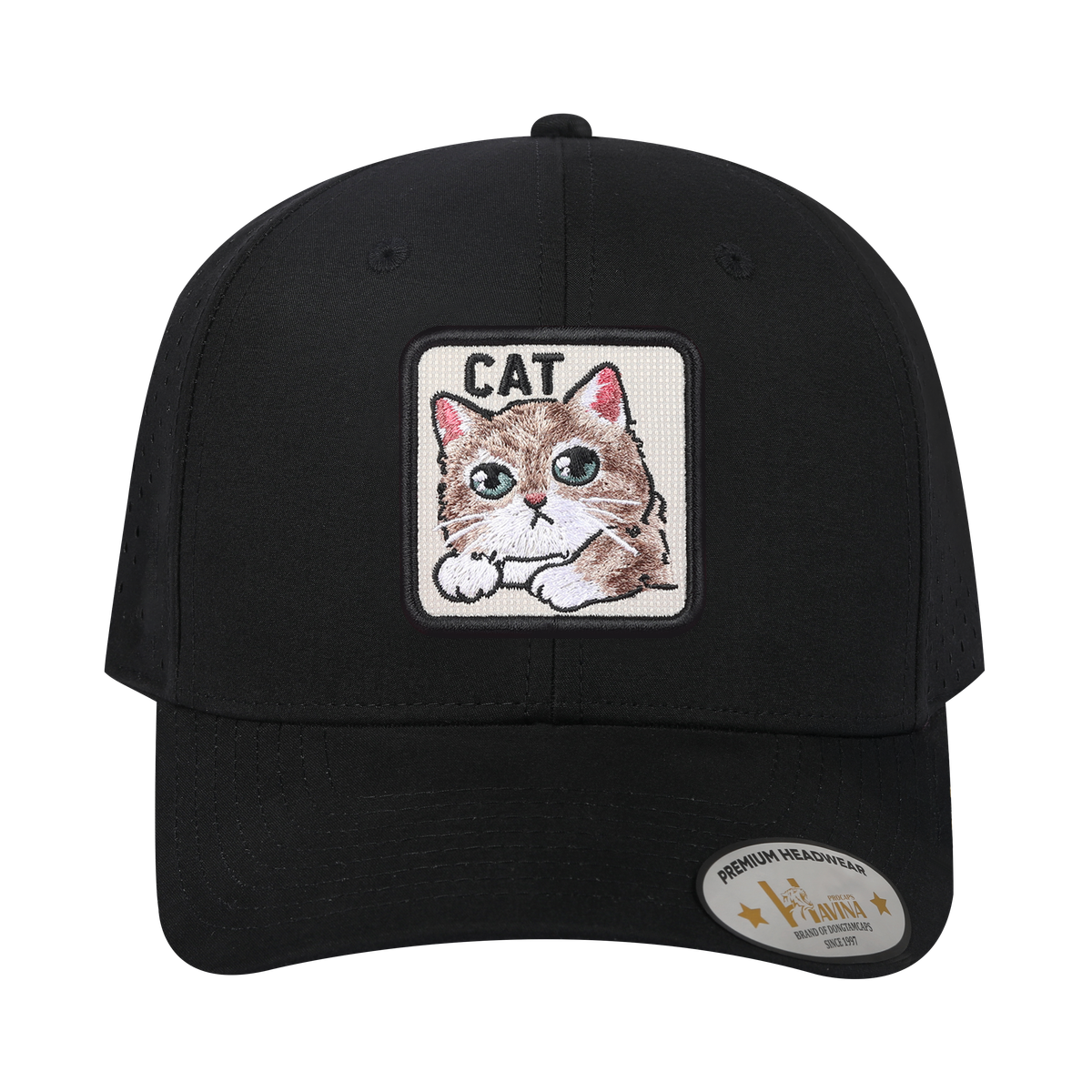 Cat 6-Panel Microfiber Laser Hole Trucker Hat with Black front and Black back