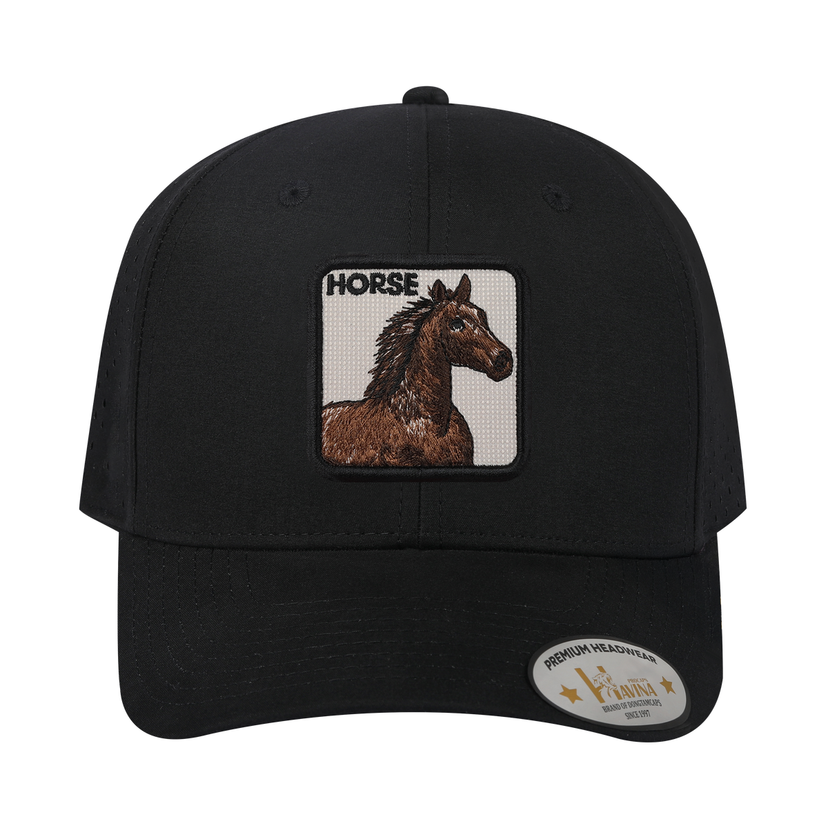Horse 6-Panel Microfiber Laser Hole Trucker Hat with Black front and Black back