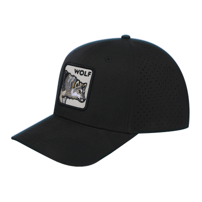 Wolf 6-Panel Microfiber Laser Hole Trucker Hat with Black front and Black back