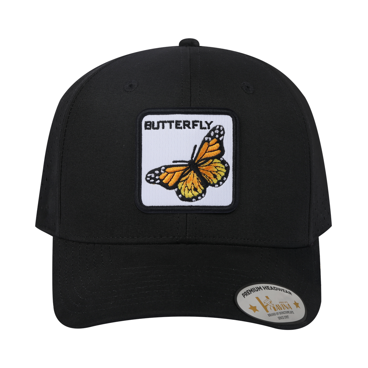 Butterfly 6-Panel Microfiber Laser Hole Trucker Hat with Black front and Black back