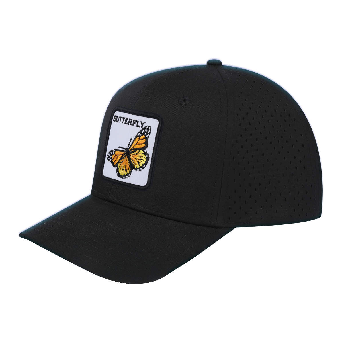Butterfly 6-Panel Microfiber Laser Hole Trucker Hat with Black front and Black back