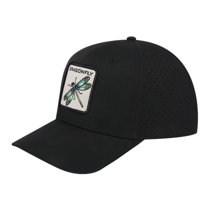 Dragonfly 6-Panel Microfiber Laser Hole Trucker Hat with Black front and Black back