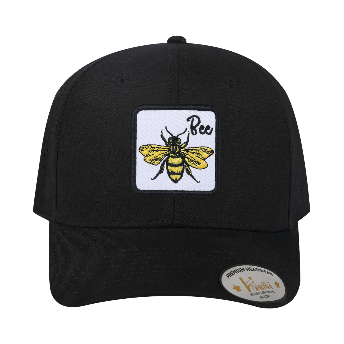 Bee 6-Panel Microfiber Laser Hole Trucker Hat with Black front and Black back