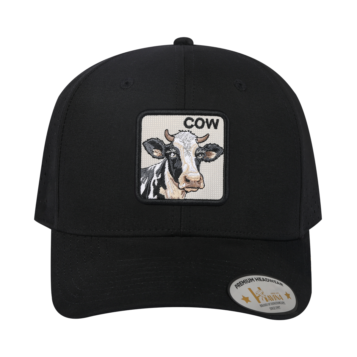 Cow 6-Panel Microfiber Laser Hole Trucker Hat with Black front and Black back