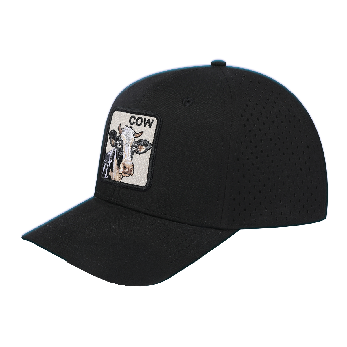 Cow 6-Panel Microfiber Laser Hole Trucker Hat with Black front and Black back