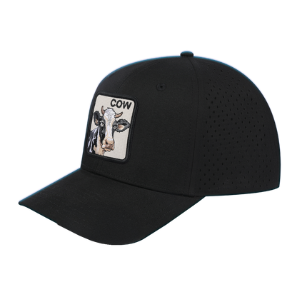 Cow 6-Panel Microfiber Laser Hole Trucker Hat with Black front and Black back