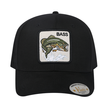 Bass 6-Panel Microfiber Laser Hole Trucker Hat with Black front and Black back