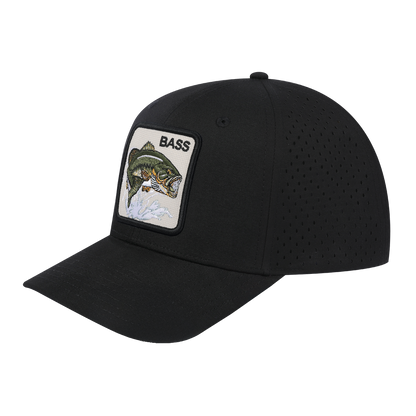 Bass 6-Panel Microfiber Laser Hole Trucker Hat with Black front and Black back