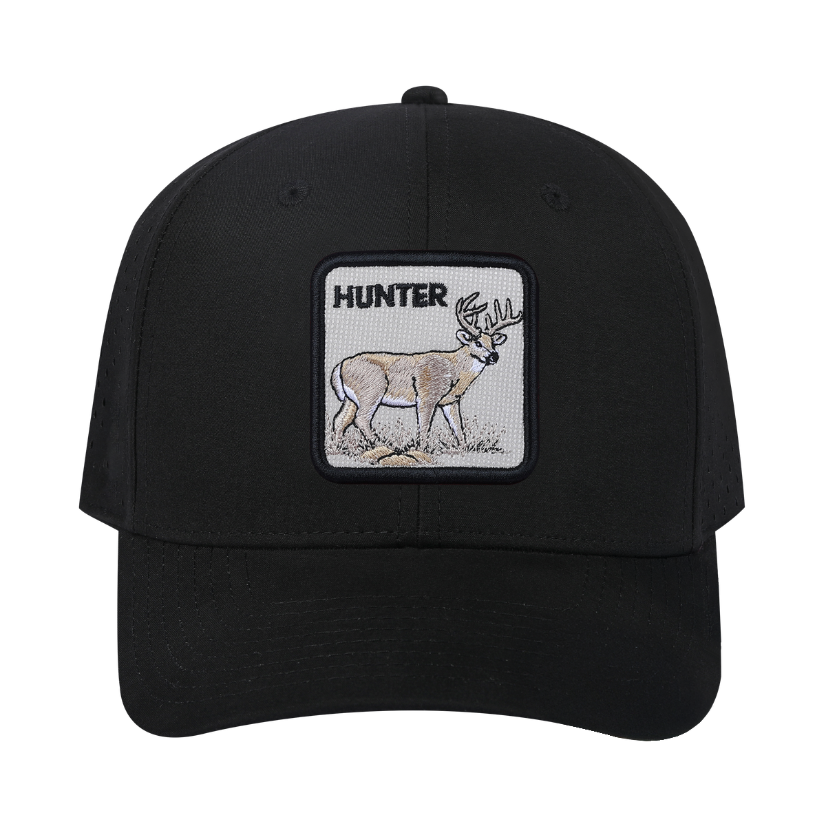 Hunter 6-Panel Microfiber Laser Hole Trucker Hat with Black front and Black back