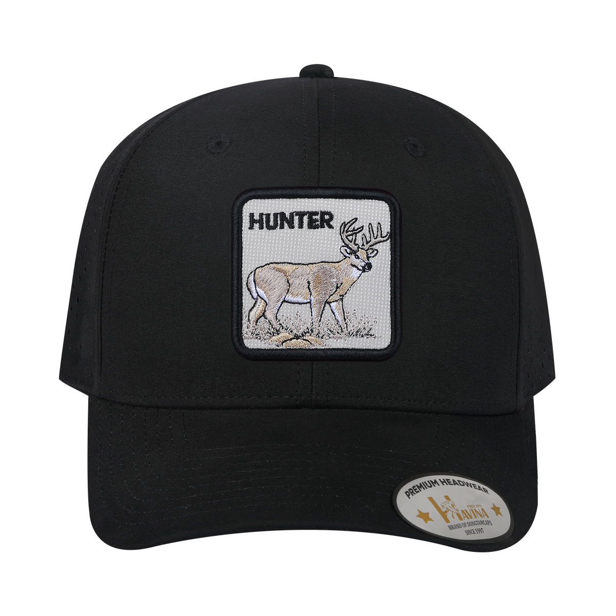 Hunter 6-Panel Microfiber Laser Hole Trucker Hat with Black front and Black back