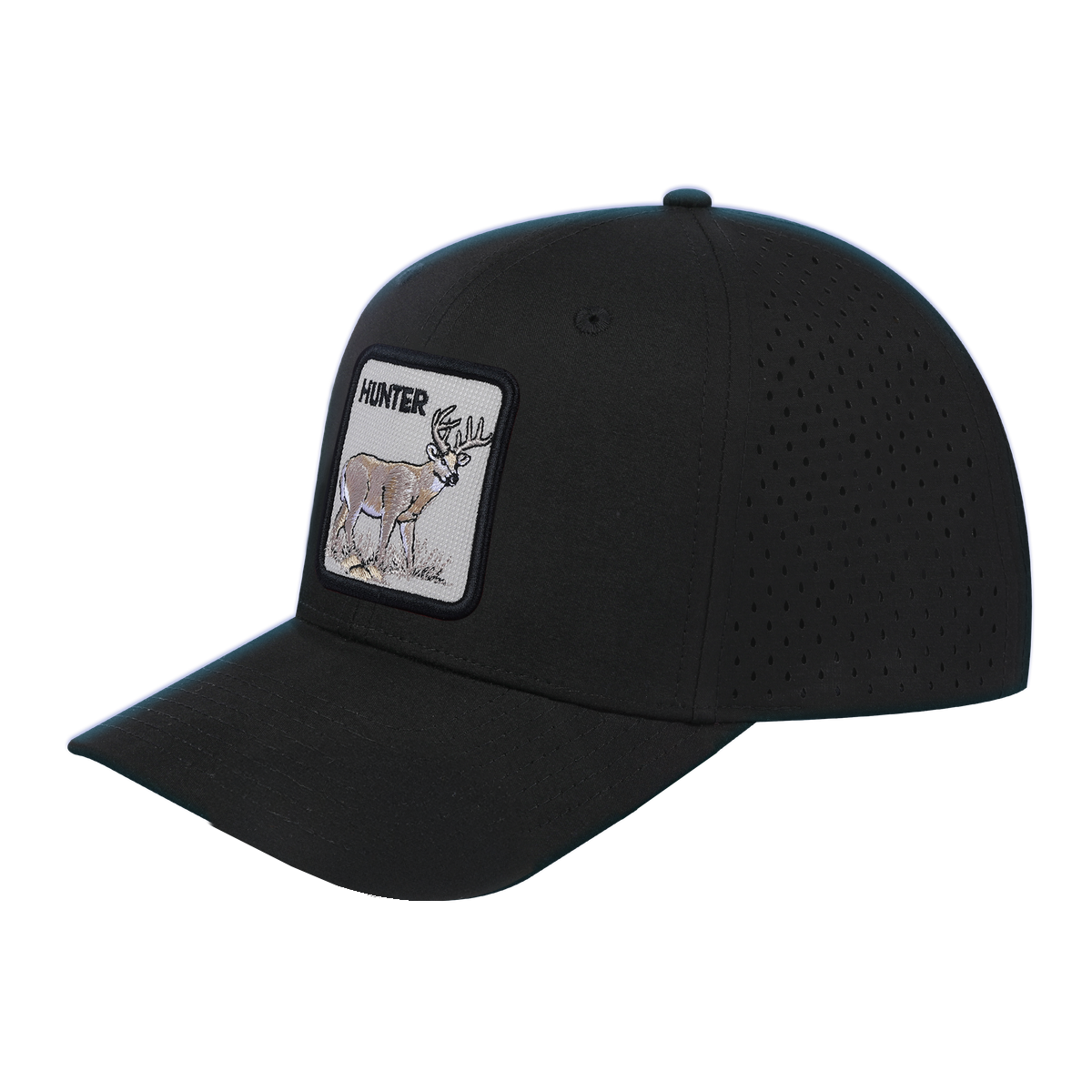 Hunter 6-Panel Microfiber Laser Hole Trucker Hat with Black front and Black back