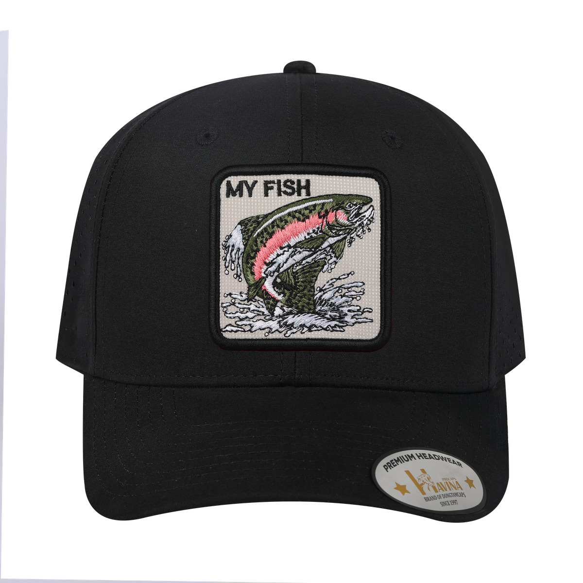 My Fish 6-Panel Microfiber Laser Hole Trucker Hat with Black front and Black back