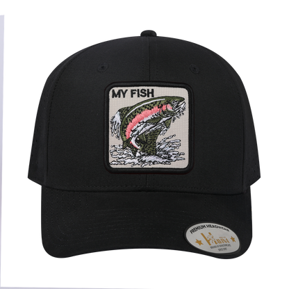 My Fish 6-Panel Microfiber Laser Hole Trucker Hat with Black front and Black back