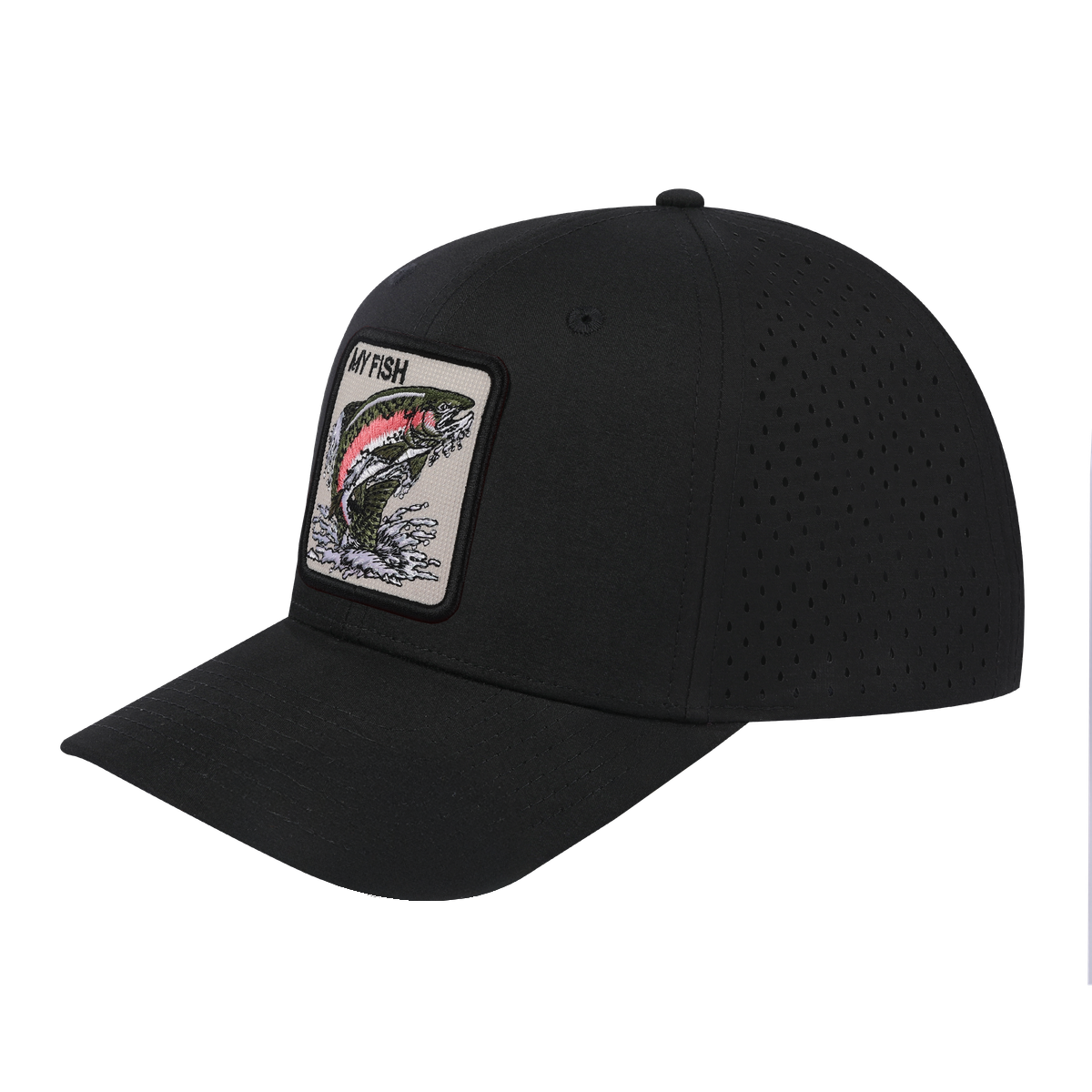 My Fish 6-Panel Microfiber Laser Hole Trucker Hat with Black front and Black back