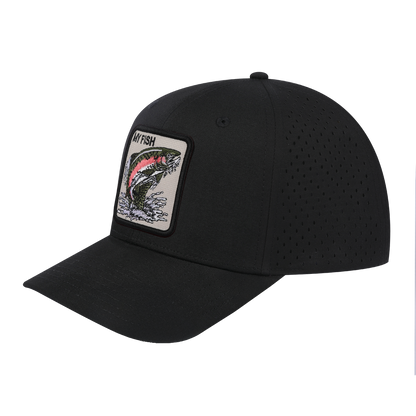 My Fish 6-Panel Microfiber Laser Hole Trucker Hat with Black front and Black back
