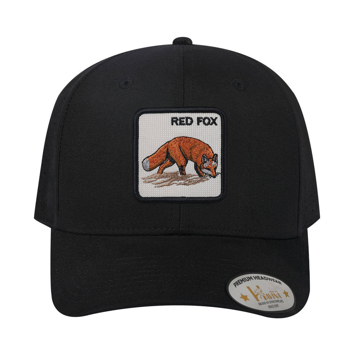 Red Fox 6-Panel Microfiber Laser Hole Trucker Hat with Black front and Black back