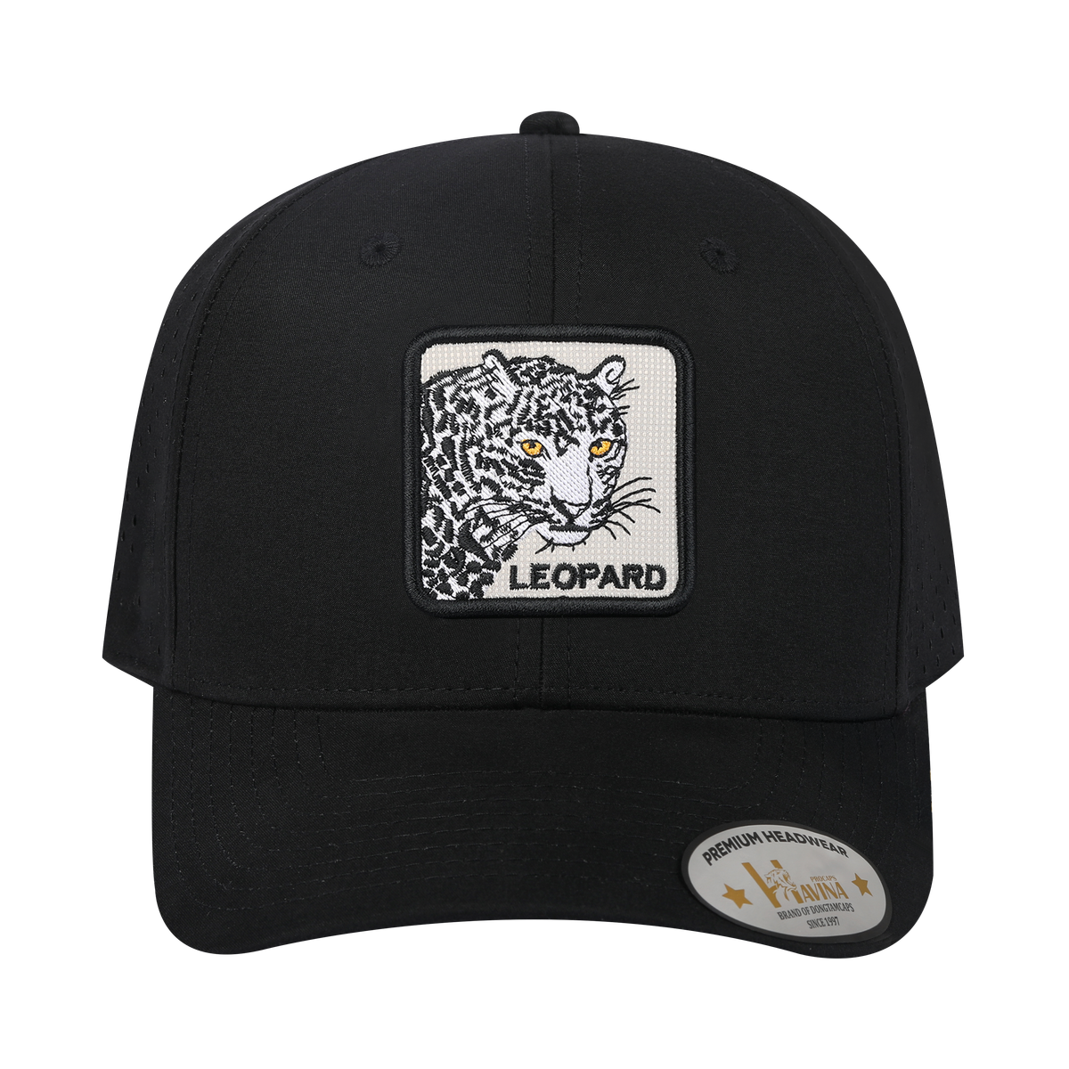 Leopard 6-Panel Microfiber Laser Hole Trucker Hat with Black front and Black back