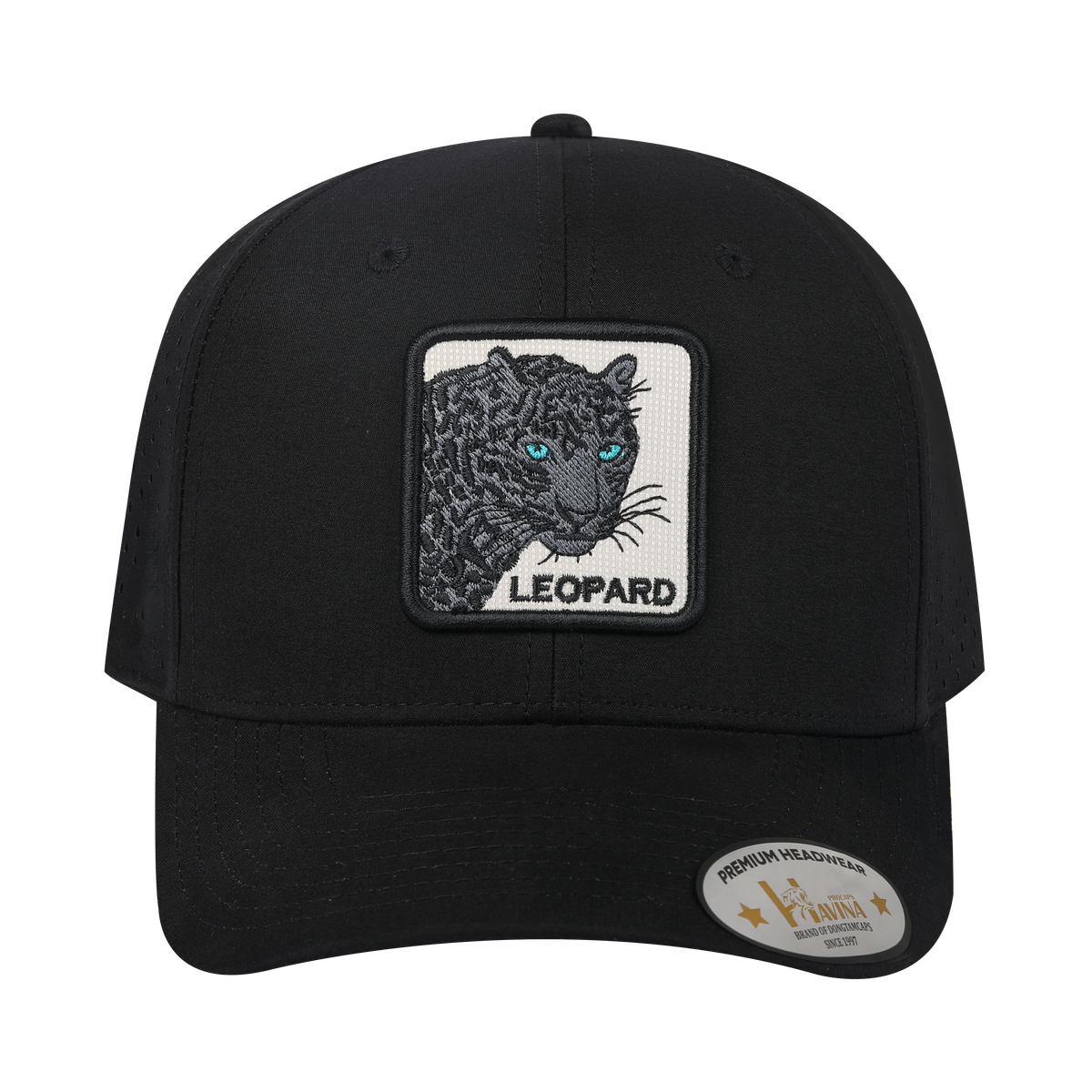 Leopard V2 6-Panel Microfiber Laser Hole Trucker Hat with Black front and Black back