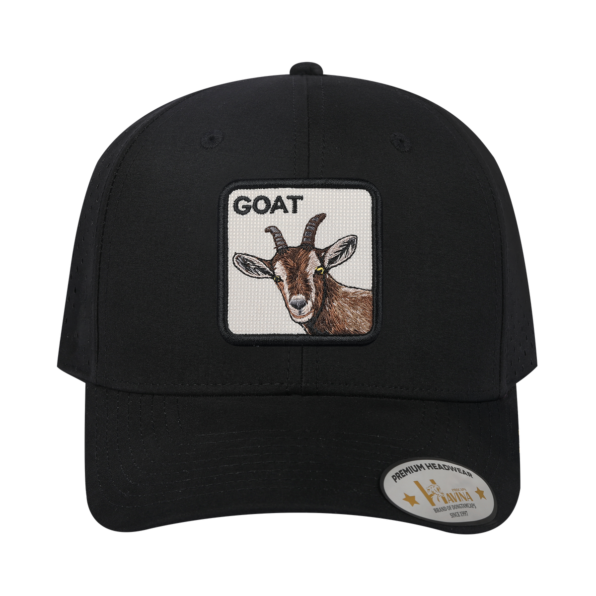 Goat 6-Panel Microfiber Laser Hole Trucker Hat with Black front and Black back