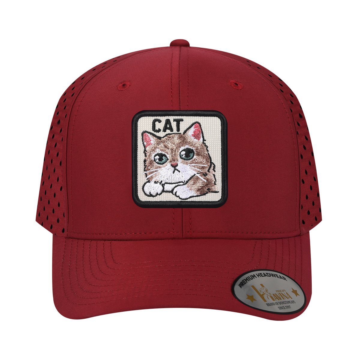 Cat 6-Panel Microfiber Laser Hole Trucker Hat with Dark Red front and Dark Red back