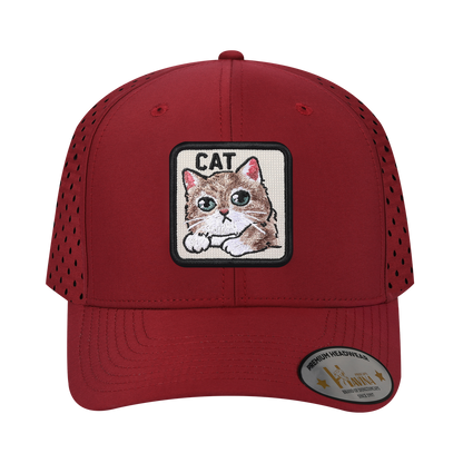 Cat 6-Panel Microfiber Laser Hole Trucker Hat with Dark Red front and Dark Red back