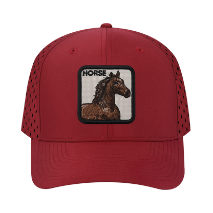 Horse 6-Panel Microfiber Laser Hole Trucker Hat with Dark Red front and Dark Red back