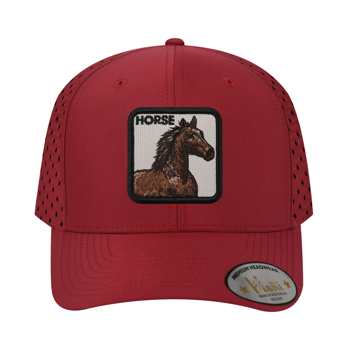 Horse 6-Panel Microfiber Laser Hole Trucker Hat with Dark Red front and Dark Red back