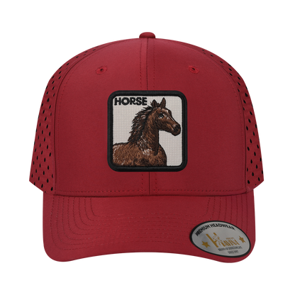 Horse 6-Panel Microfiber Laser Hole Trucker Hat with Dark Red front and Dark Red back