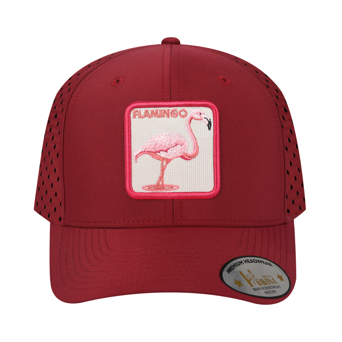 Flamingo 6-Panel Microfiber Laser Hole Trucker Hat with Dark Red front and Dark Red back