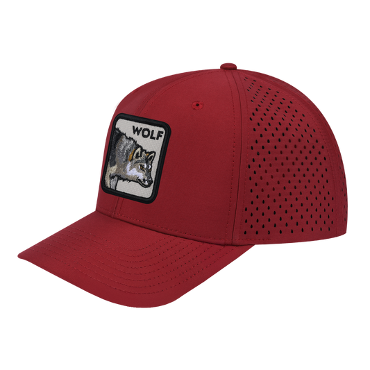 Wolf 6-Panel Microfiber Laser Hole Trucker Hat with Dark Red front and Dark Red back