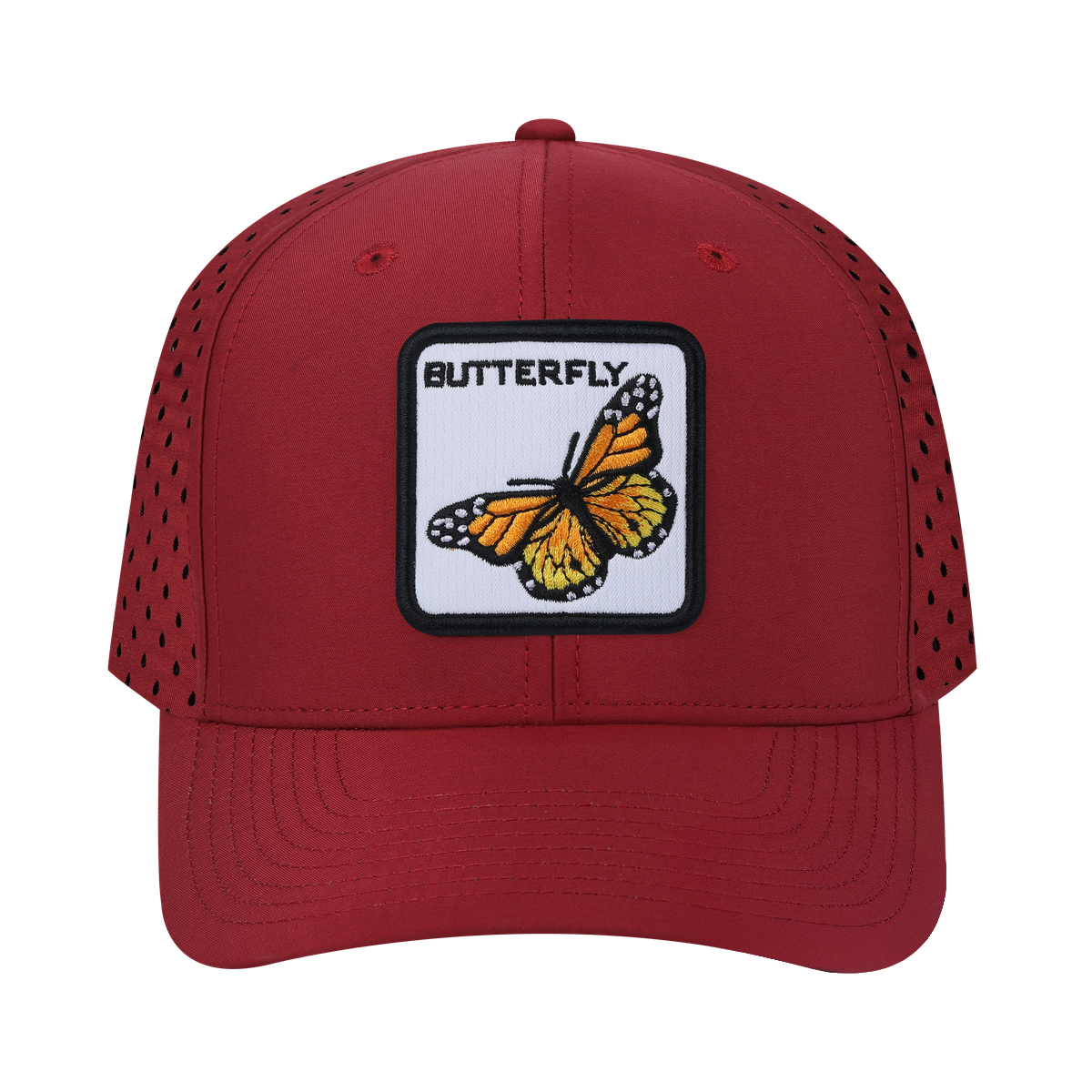 Butterfly 6-Panel Microfiber Laser Hole Trucker Hat with Dark Red front and Dark Red back