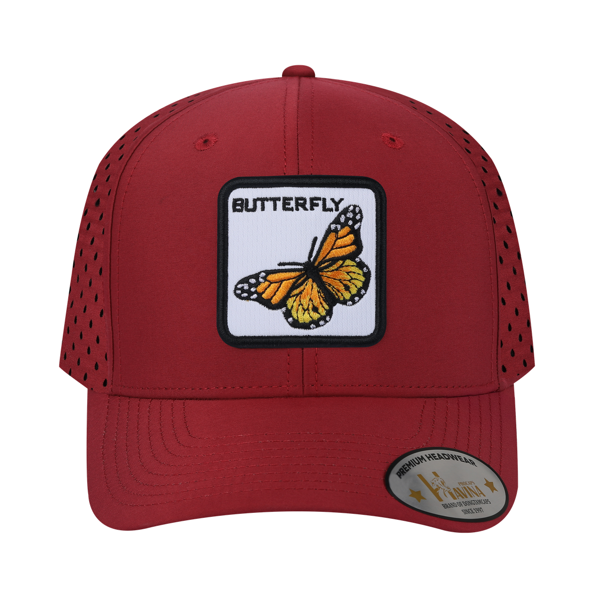Butterfly 6-Panel Microfiber Laser Hole Trucker Hat with Dark Red front and Dark Red back
