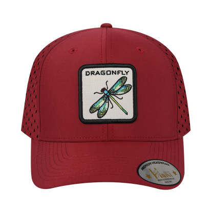 Dragonfly 6-Panel Microfiber Laser Hole Trucker Hat with Dark Red front and Dark Red back